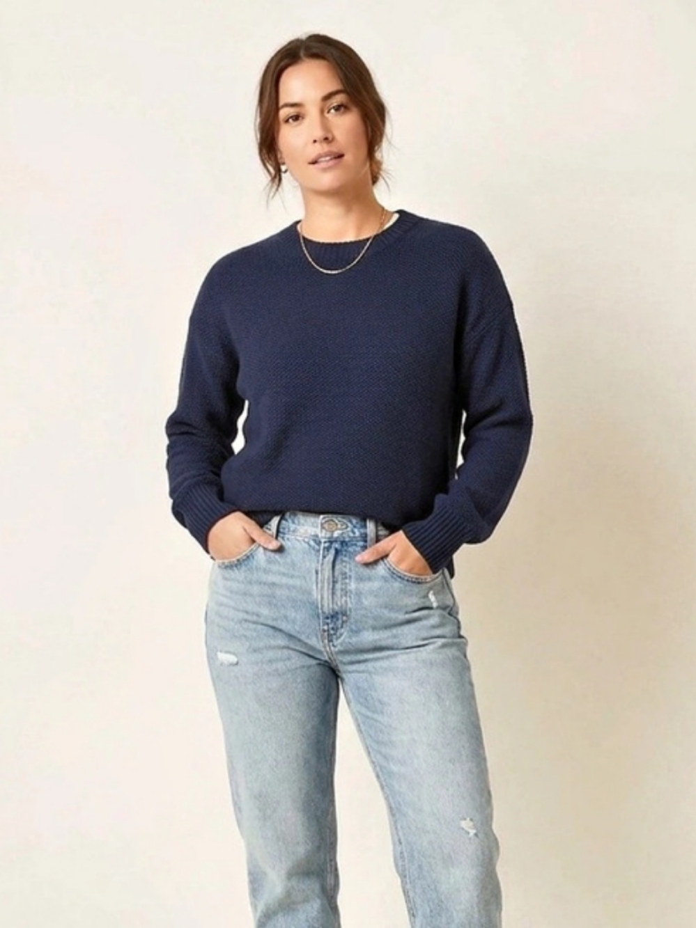 Matty M Cotton Textured Knit Crewneck Sweater in Blue Size Large